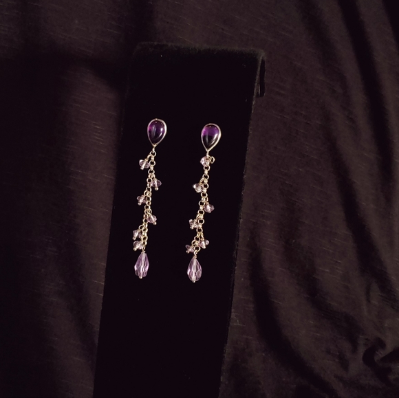 Purple and Silver Dangling Earrings Stone Glass - Picture 6 of 9